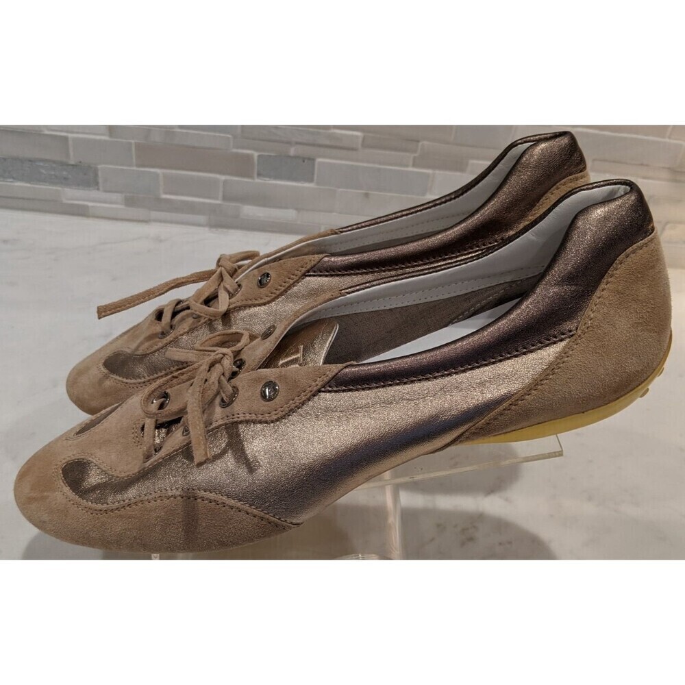 Women's TOD'S Beige Leather & Metallic Gold/Pewter Leather Low-Top Sneakers 11.5 - Picture 7 of 13